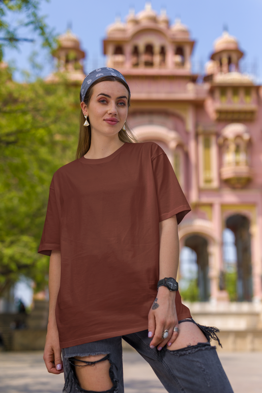 Basic Solid Oversized Chocolate Brown Women's Cotton T-shirt