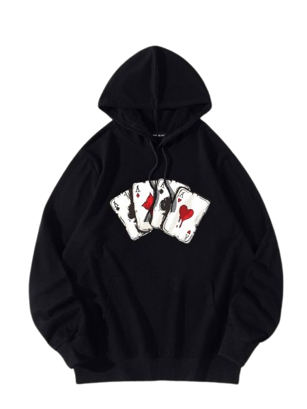 women' s black hoodie with playing card print, cotton