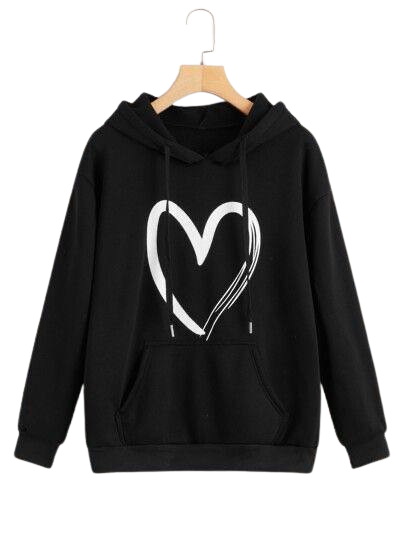 women' s black hoodie with hert print , full sleeves