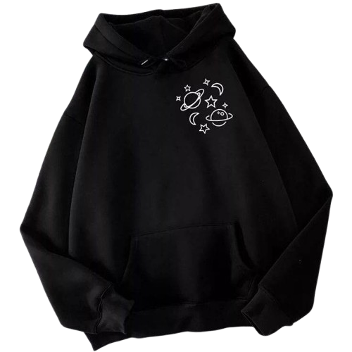 women' s black hooded sweatshirt with graphic print, cotton blend