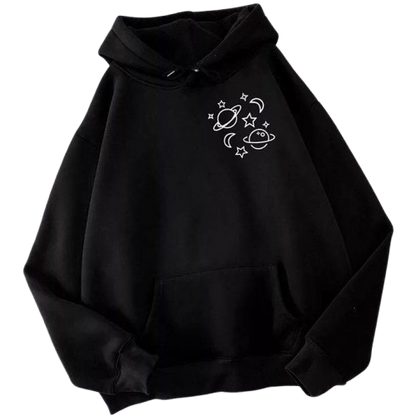 women' s black hooded sweatshirt with with graphic print ,cotton blend