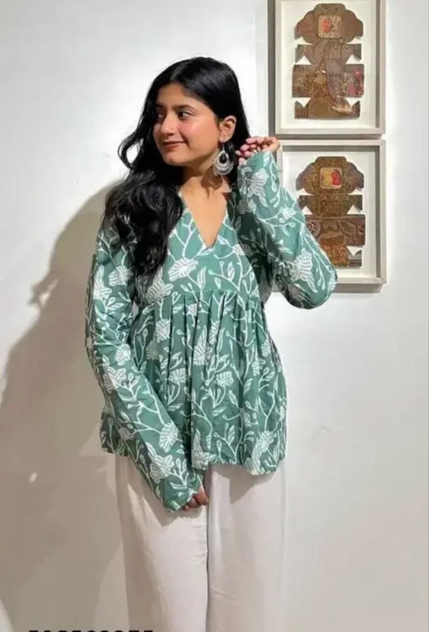 Pd Clori Sage Green Floral Printed Top | Elegant V-Neck Casual Wear for Women