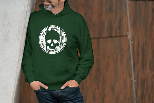 Never Alone Skull Graphic Hoodie – Unisex Pullover Sweatshirt