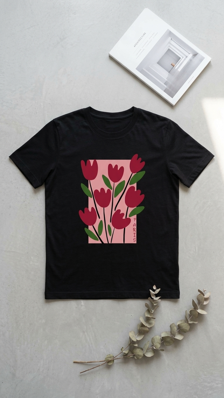 Pd Clori Floral Art Graphic Black T-Shirt for Women
