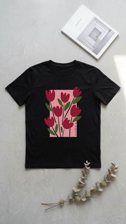 Pd Clori Floral Art Graphic Black T-Shirt for Women