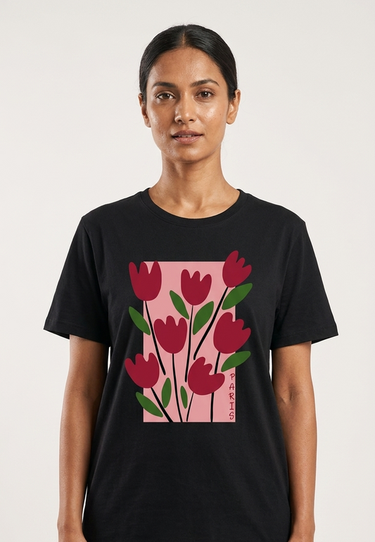 Pd Clori Floral Art Graphic Black T-Shirt for Women