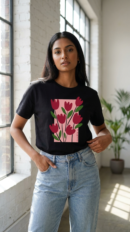Pd Clori Floral Art Graphic Black T-Shirt for Women