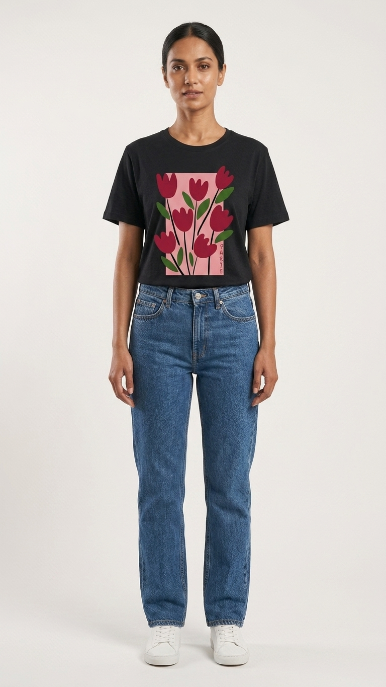 Pd Clori Floral Art Graphic Black T-Shirt for Women