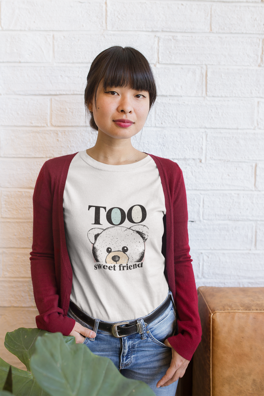 Pd Clori Too Sweet Teddy T-Shirt | Minimal Cute Bear Graphic Tee | Premium White Cotton T-Shirt for Women