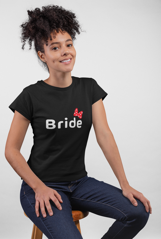 PD CLORI Women's Casual Bride T-Shirt Black | Short Sleeve Round Neck with Bow Design Print