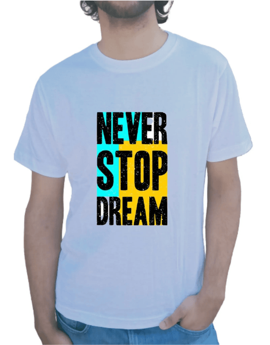 PD CLORI Men's Graphic T-Shirt, White with 'Never Stop Dream' Print, Casual Wear