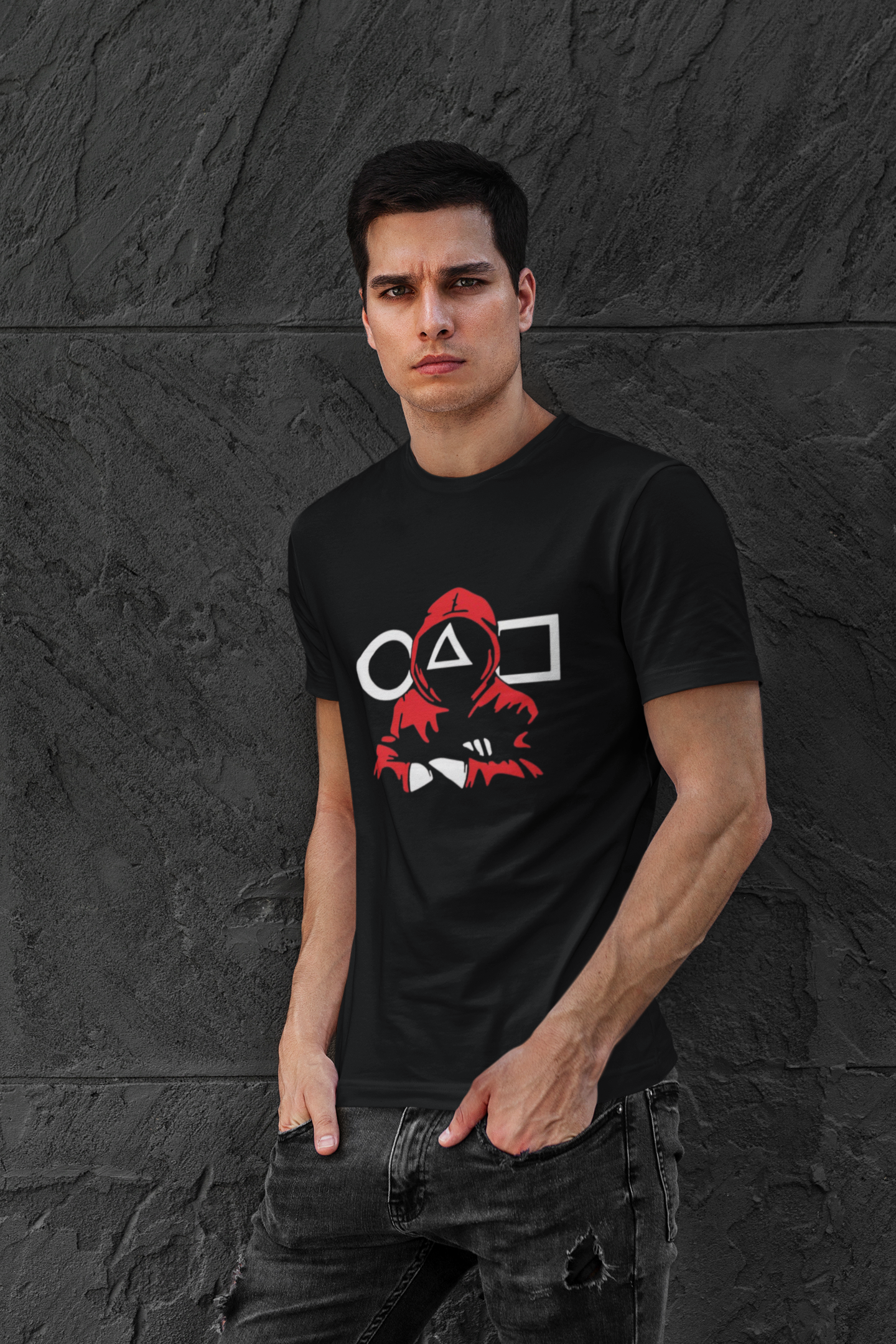 Men’s Black Graphic T-Shirt – Squid Game Inspired Hoodie Guard Print
