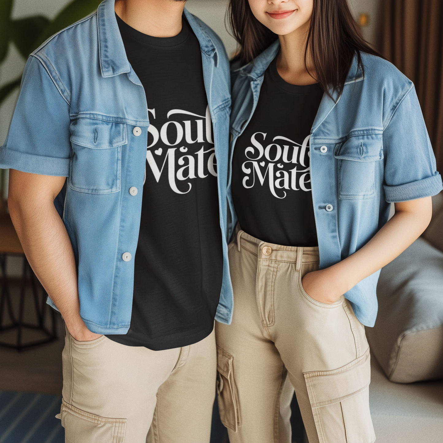 Pd Clori Soulmate Couple T-Shirts | Matching Black Tees for Him & Her | Romantic Graphic Cotton Set