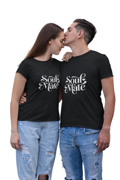 Pd Clori Soulmate Couple T-Shirts | Matching Black Tees for Him & Her | Romantic Graphic Cotton Set