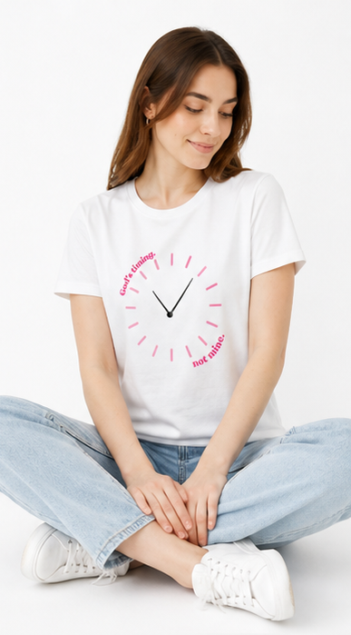 Pink Clock Graphic White T-Shirt for Women | Cute “Good Things Take Time” Aesthetic Tee by Pd Clori