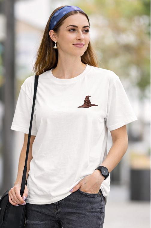 Pd Clori Wizard Hat T-Shirt | Minimal Magic Graphic Tee for Women | Aesthetic White Cotton