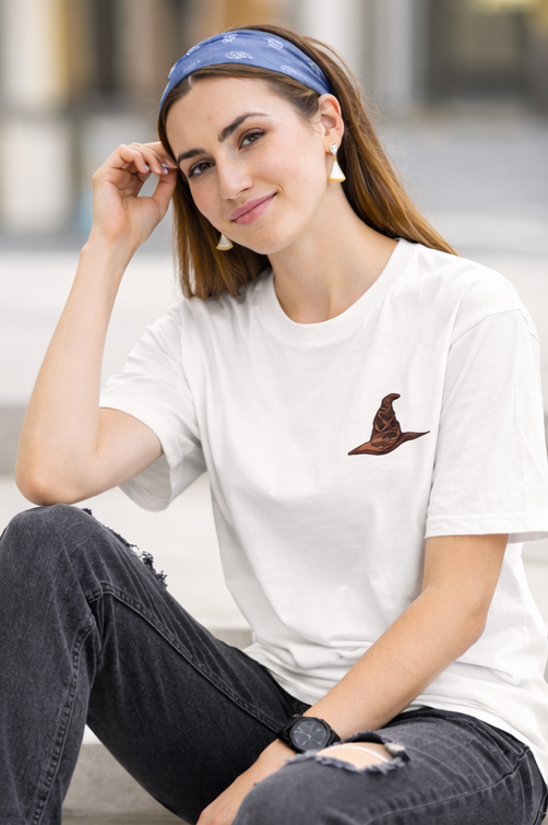 Pd Clori Wizard Hat T-Shirt | Minimal Magic Graphic Tee for Women | Aesthetic White Cotton