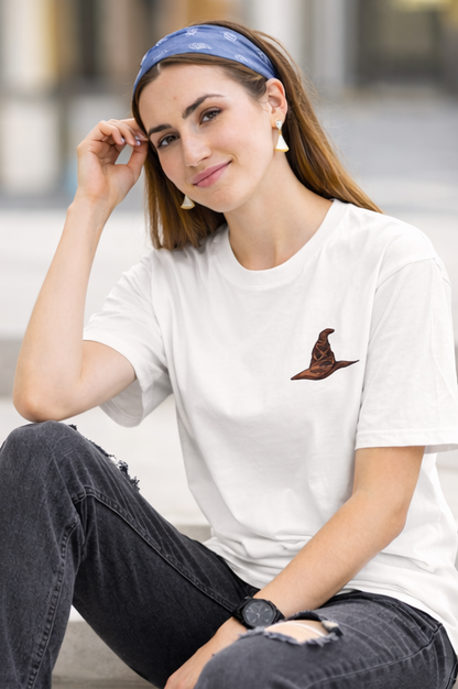 Pd Clori Wizard Hat T-Shirt | Minimal Magic Graphic Tee for Women | Aesthetic White Cotton